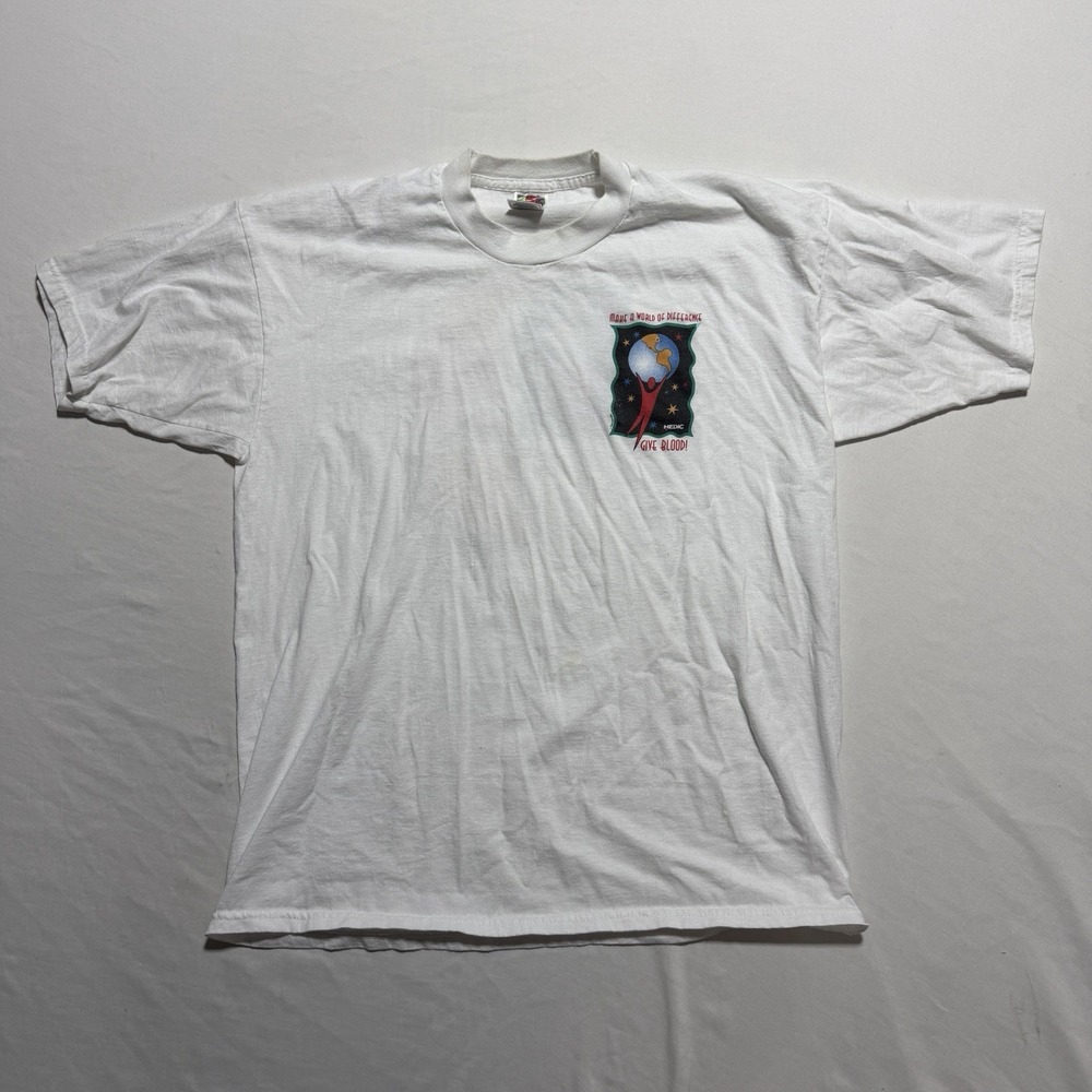 Vintage MEDIC Give Blood Graphic T-Shirt Mens XL White Single Stitch 90s